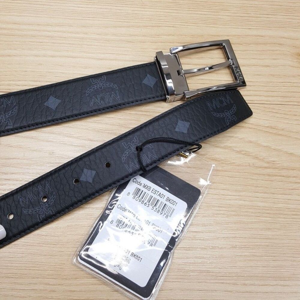MCM Mens Belt Black Leather Adjustable All Sizes Logo Monogram AREN $350